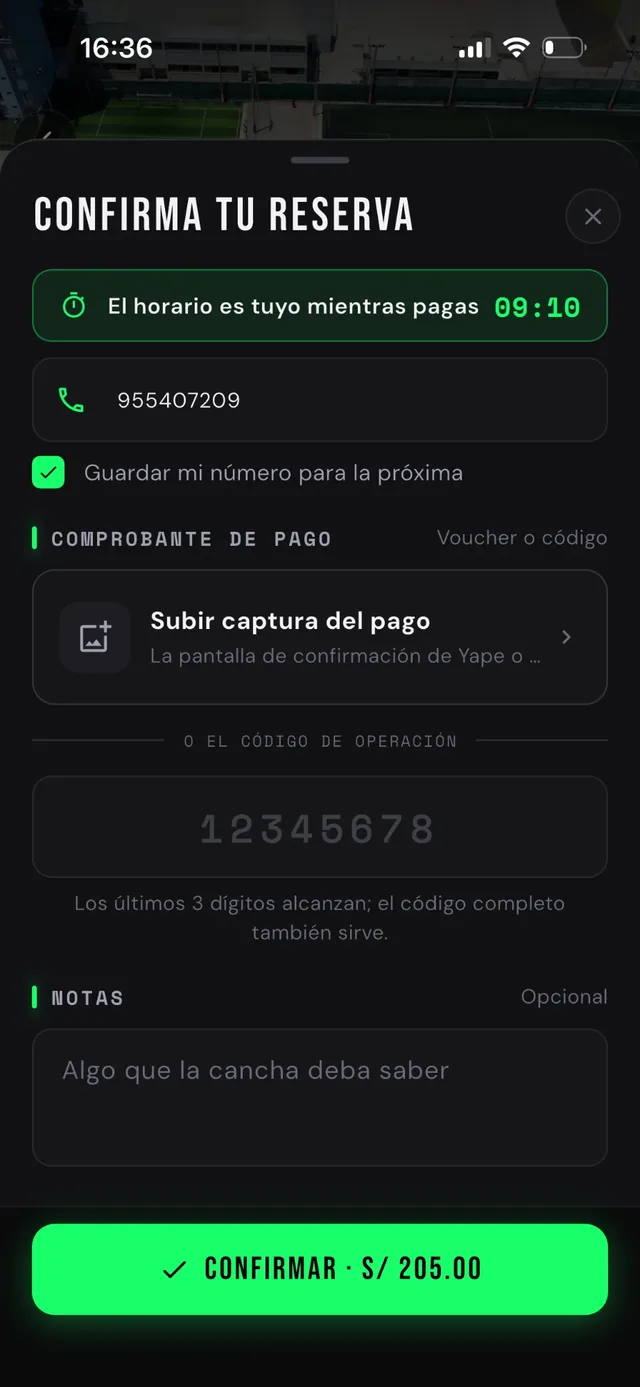 3. Pagan y suben el voucher: El horario les queda guardado 10 minutos mientras yapean. Tú apruebas el comprobante.
